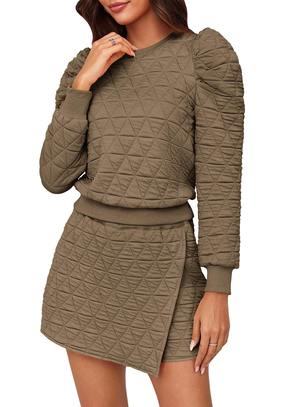 Fisoew Women's 2 Piece Lounge Wear Set Long Sleeve Argyle Sweatshirts And Wrap Skorts Casual Sets