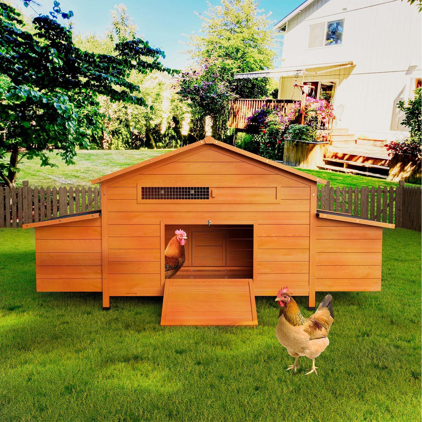 Large Wooden Chicken Coop With Nesting Box, Waterproof Roof, Secure Lock, Ventilated Hen House With Perch & Pull-Out Tray For Easy Cleaning