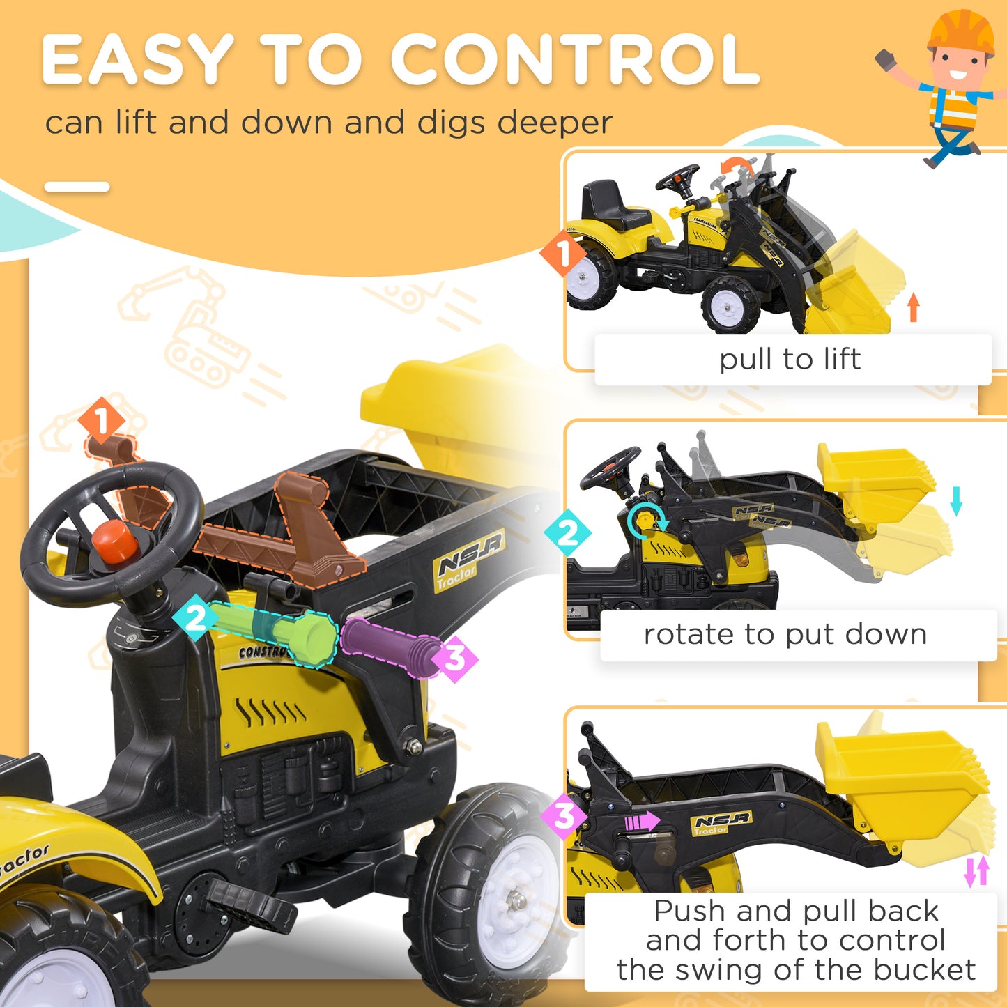 Kids Ride On Excavator, Pedal Go Kart With Front Loader Digger For 3 Year Old, Yellow