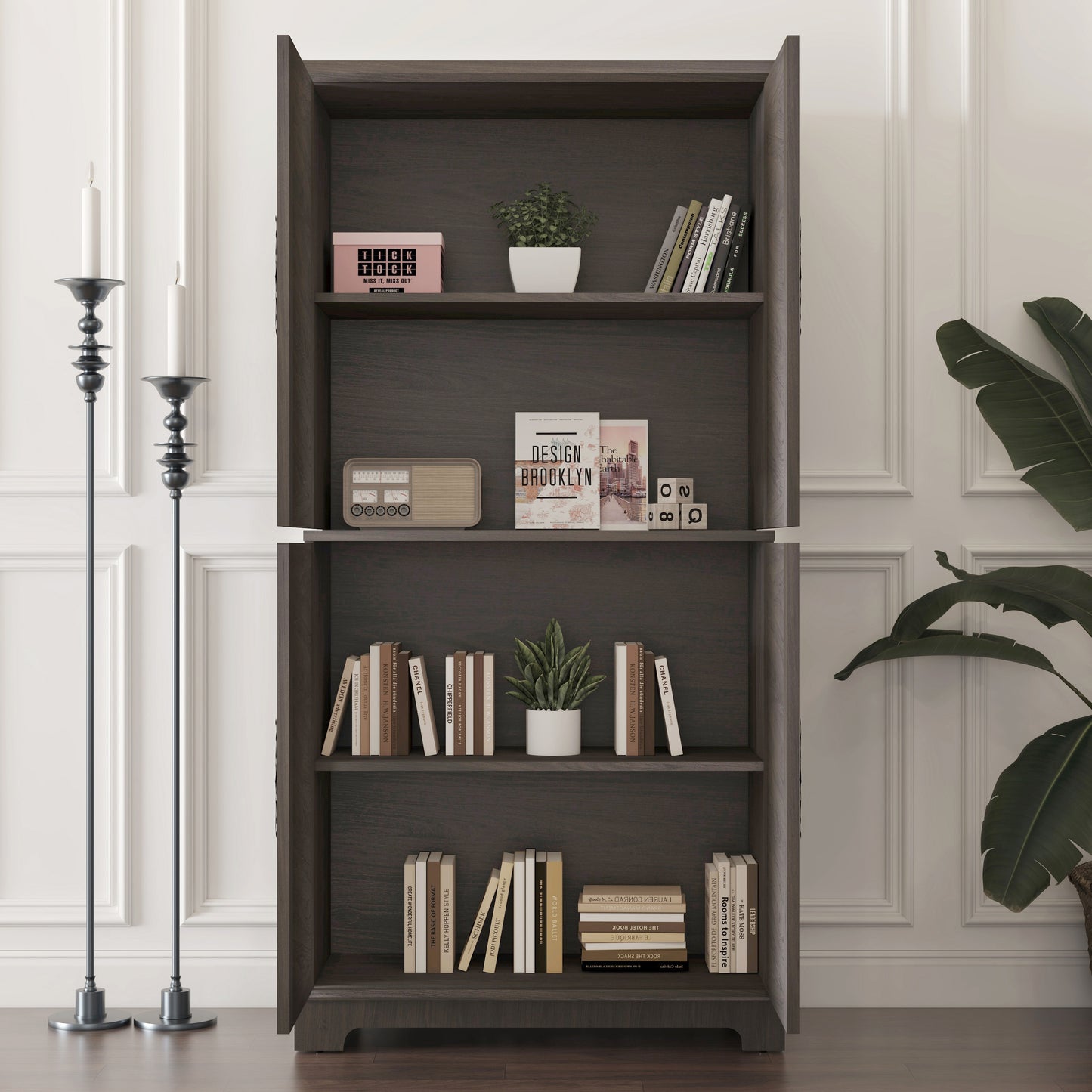 Display Sideboard Buffet With 4 Acrylic Mirrored Doors, Adjustable Shelves Storage Cabinet For Kitchen, Living Room, Bedroom Cabinet, MDF Dark Brown Finish