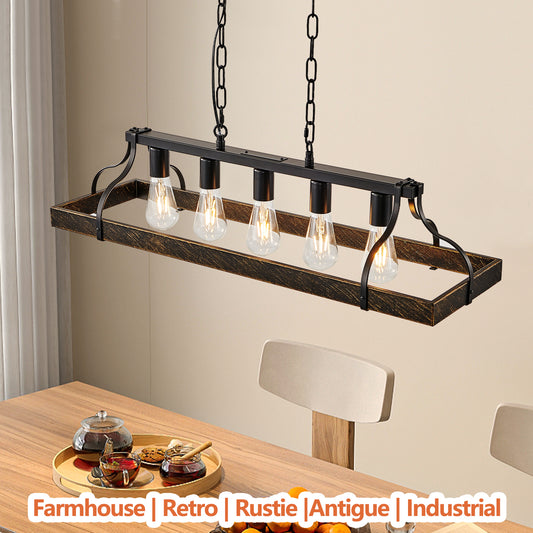 34-Inch Black Gold Vintage Pendant Light, 5 E26 Bulb Sockets, Adjustable Chain Height  Antique Style Chandelier For Dining Room, Kitchen, Or Living Room Bulb Not Included