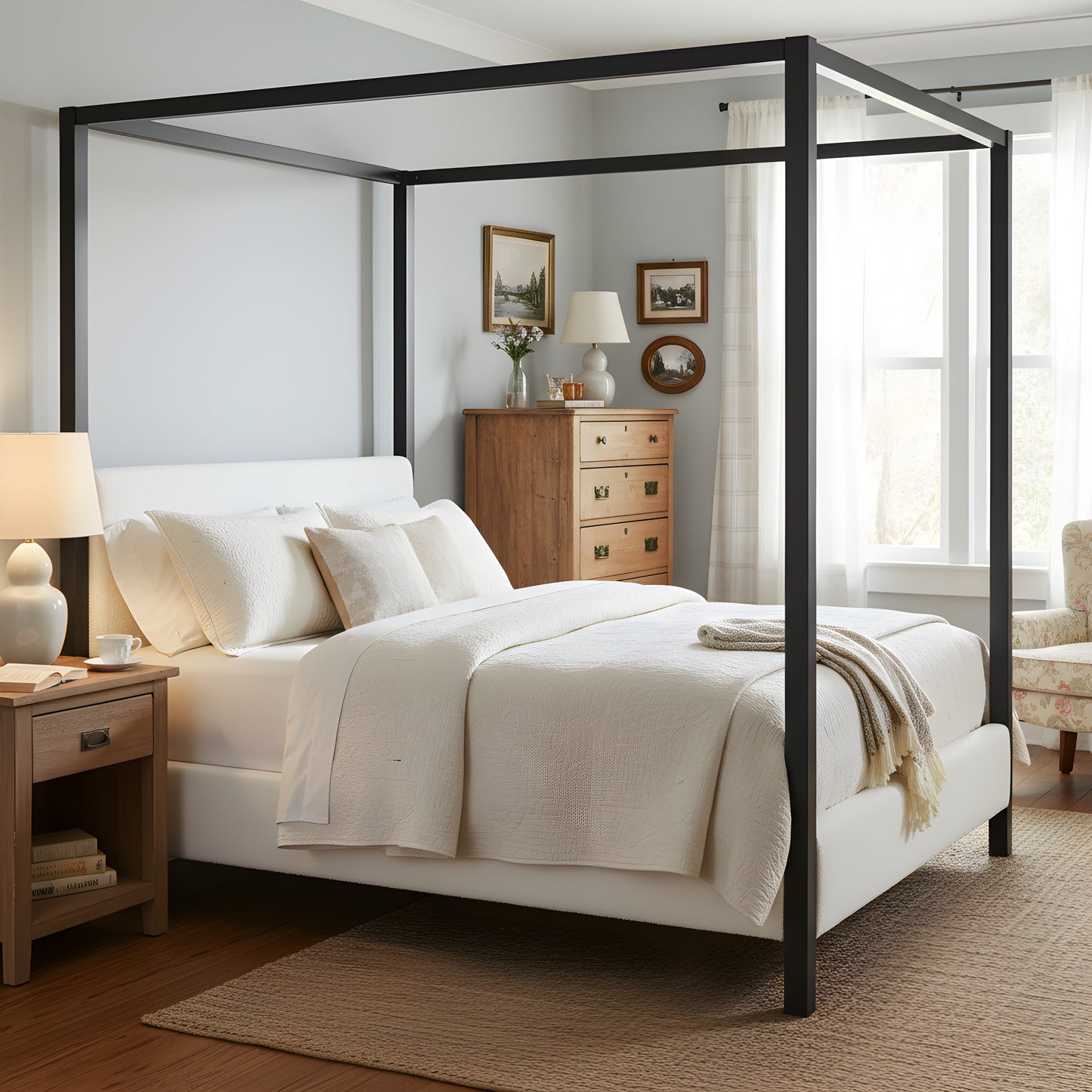 Modern Black Metal Canopy Bed With Plush White Boucle Upholstery, Queen