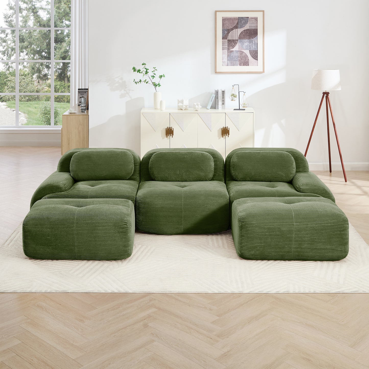 U-shaped Modular Sofa PremiumCorduroy Fabric Fabric No Assembly Anti-slip Design Pet-friendly Extra-wide Curved Armrests 32D High-resilience Sponge For Living Rooms Bedrooms Studie,Olive Green