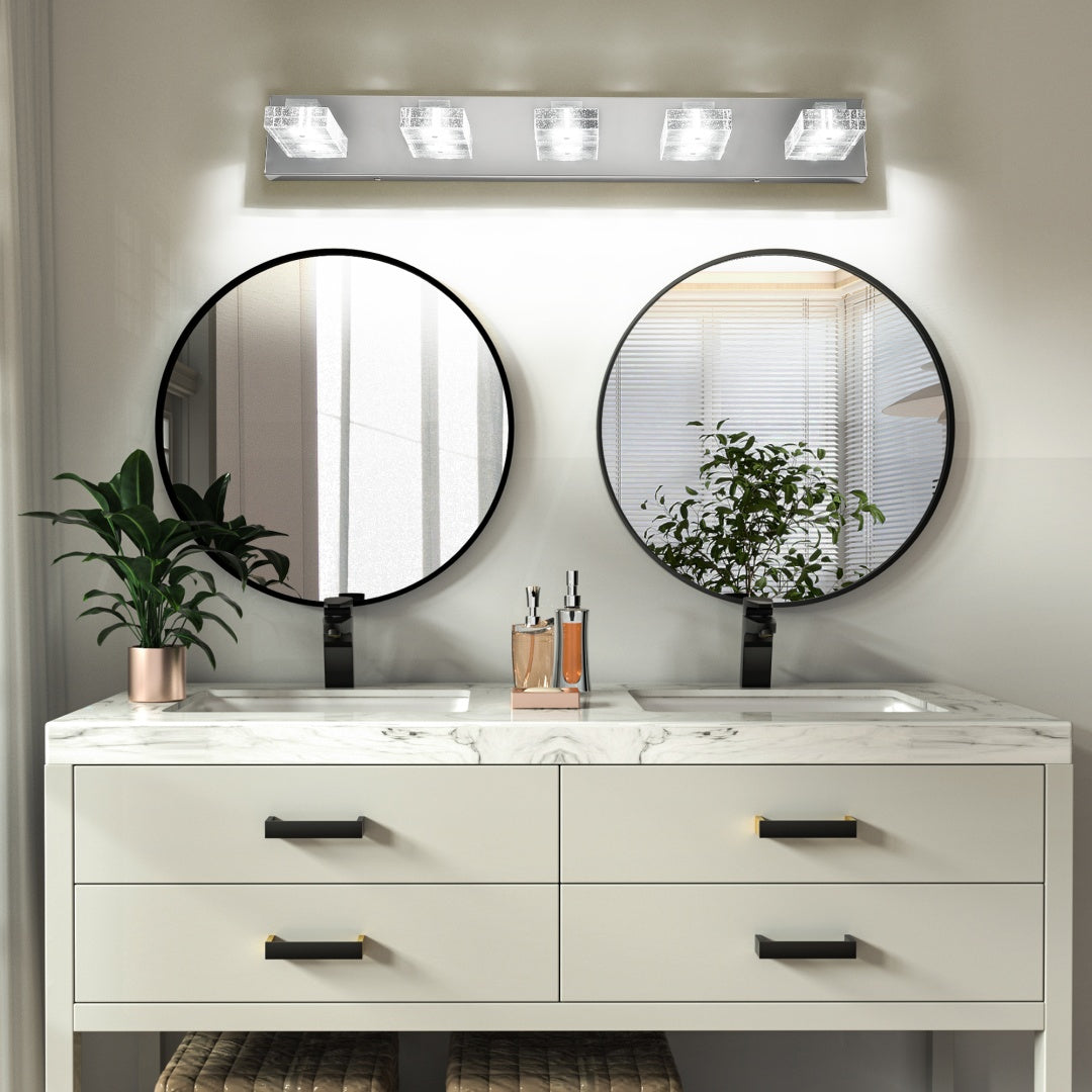 31  Modern Chrome 5-Light LED Vanity Light, Square Acrylic Lampshades Wall Mount Fixture For Bathroom, Mirror Lighting