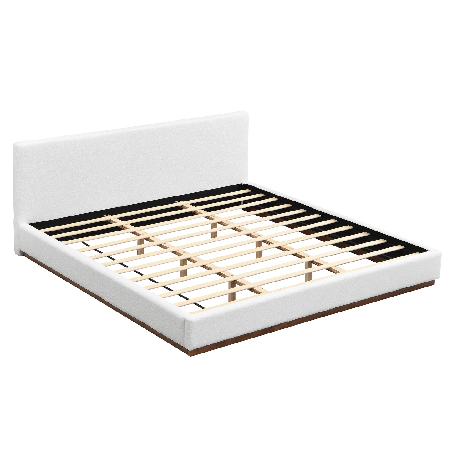 Elegant White Fabric Upholstered Bed With Nice Wood Grain Textured Solid Wood Base Frame,White,King