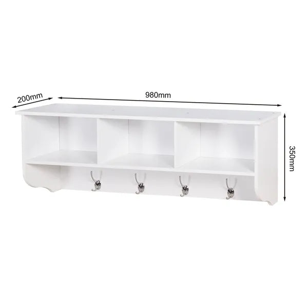 White Entryway Wall Mounted Coat Rack With 4 Dual Hooks Living Room Wooden Storage Shelf