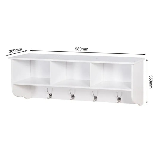 White Entryway Wall Mounted Coat Rack With 4 Dual Hooks Living Room Wooden Storage Shelf