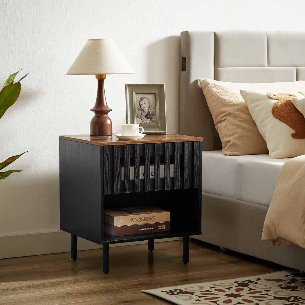 2 Set Nightstands With Grille Striped Doors, Mid Century Modern Nightstand, Bedside Table With Slatted Drawer Decor, End Tables Bedroom With Metal Legs, Night Stand For Bedroom