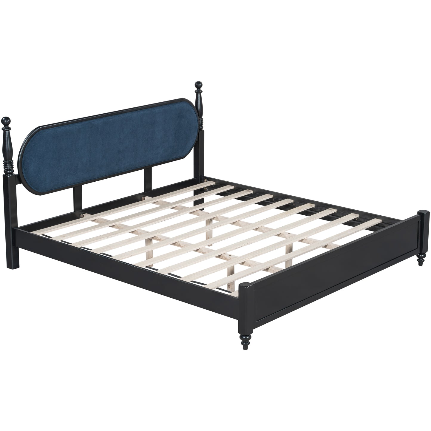 King Bed Frame, Solid Wood Platform With Slats, Modern Navy Blue & Black Bedroom Furniture, No Box Spring Needed