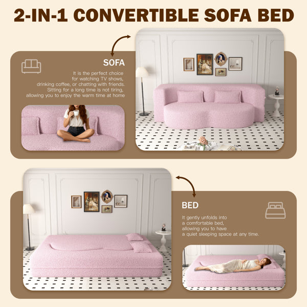 Modern Floor Sofa With 2 Pillows,Convertible Teddy Fabric Foam-Filled Sleeper Sofa Bed,15' Twin Size Folding Mattress For Living Room,Guest Bed,Playroom,no Assembly Required,Pink