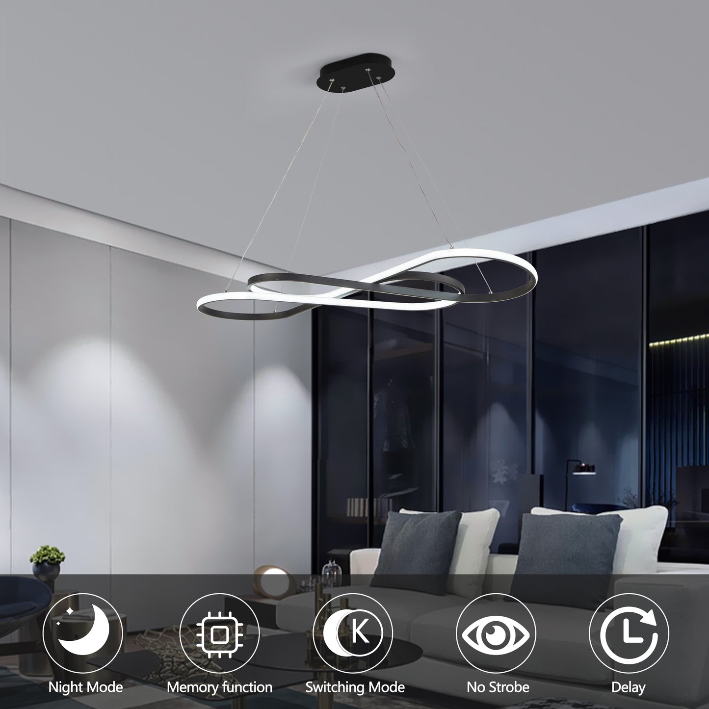 39 Modern LED Pendant Light, Infinity Design Hanging Ceiling Fixture, Adjustable Height, Dimmable For Living Room, Dining Room, Bedroom, Black Finish