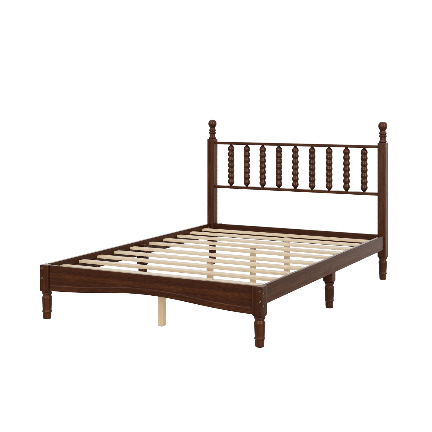 Full Size Wood Platform Bed With Gourd Shaped Headboard,Retro Style Platform Bed With Wooden Slat Support,Walnut