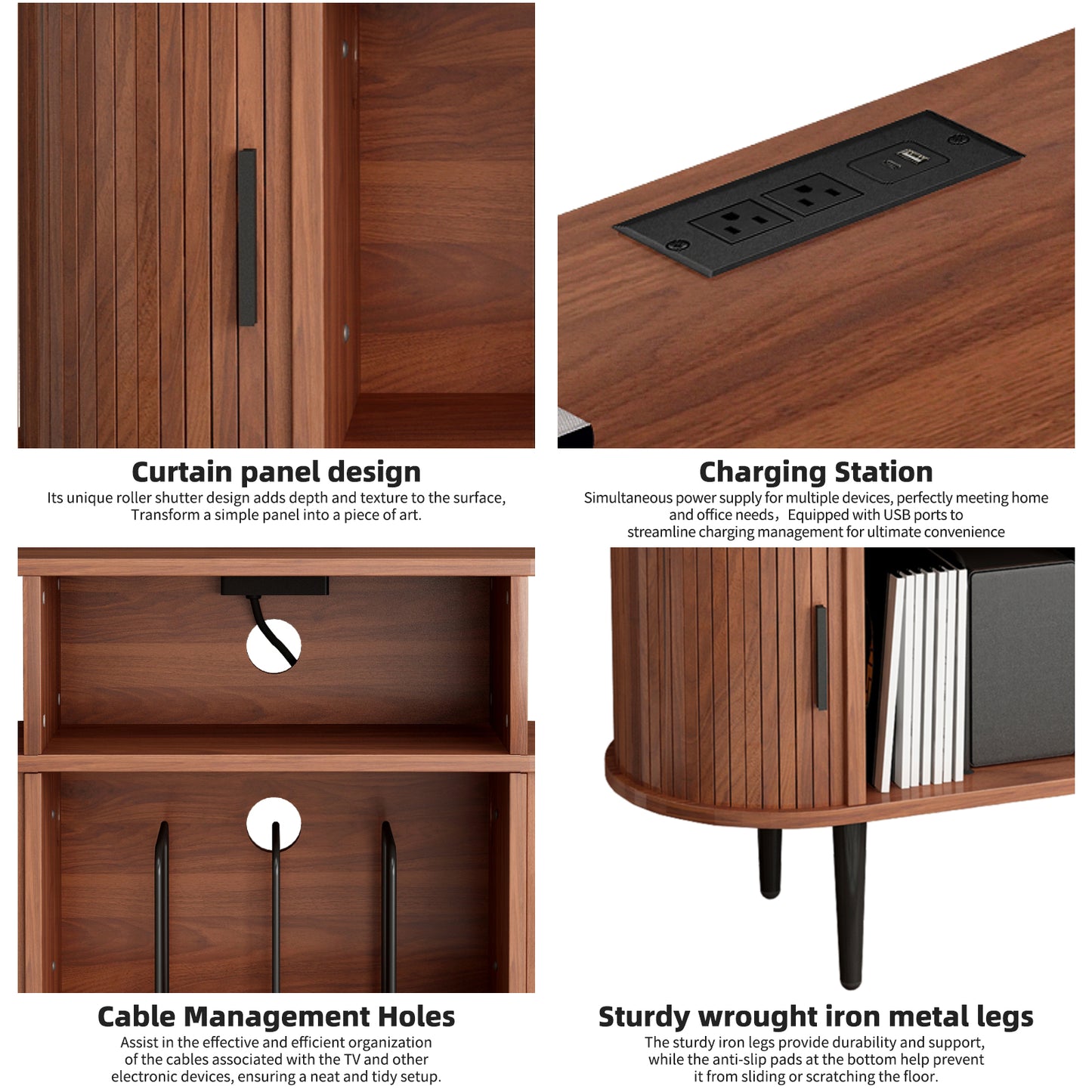 Large Round Record Player Stand With Charging Station & USB Ports, Record Storage Cabinet, Mid Century Modern Turntable Stand For Bedroom Living Room WALNUT