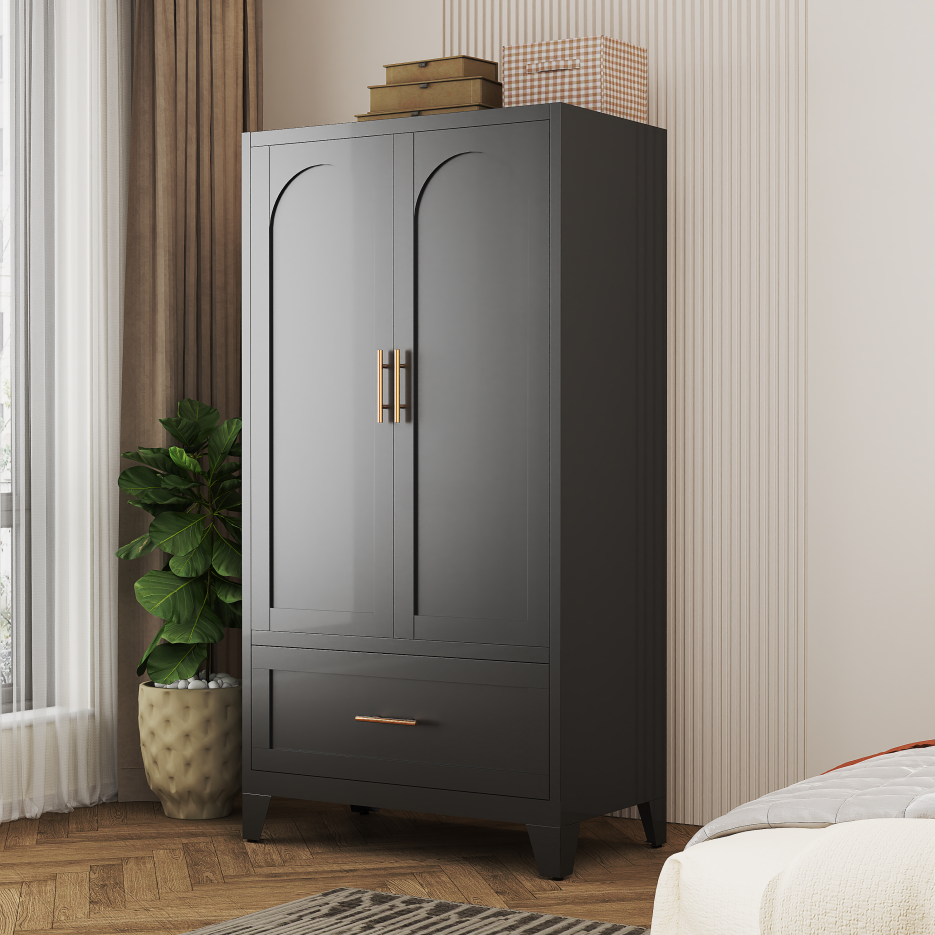 60inch Tall Metal Wardrobe Cabinet With 1 Drawer And Hanging Rod, 2 Doors Wardrobe Closet With Shelf For Bedroom, Office, Laundry Room,Entryway ,Foyer,Guesthouse Black