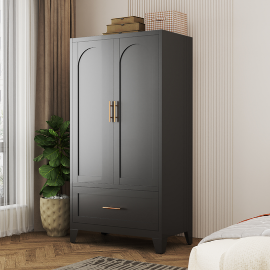 60inch Tall Metal Wardrobe Cabinet With 1 Drawer And Hanging Rod, 2 Doors Wardrobe Closet With Shelf For Bedroom, Office, Laundry Room,Entryway ,Foyer,Guesthouse Black
