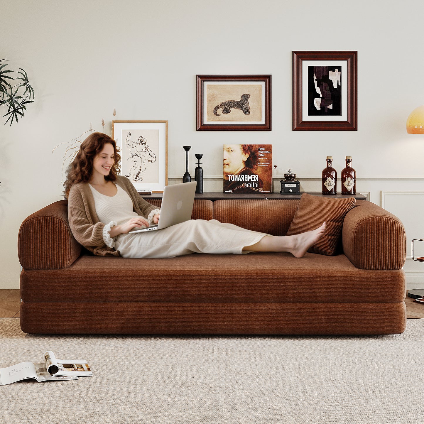 78.8 Compression Sofa,Convertible Floor Sofa Bed-with Pillow Back Support Armrest,Comfy Futon Couch Sleeper Bed,Loveseats Boneless Modular Sectional Sofa,Corduroy Fabric,for Living Room,Bedroom,Brown