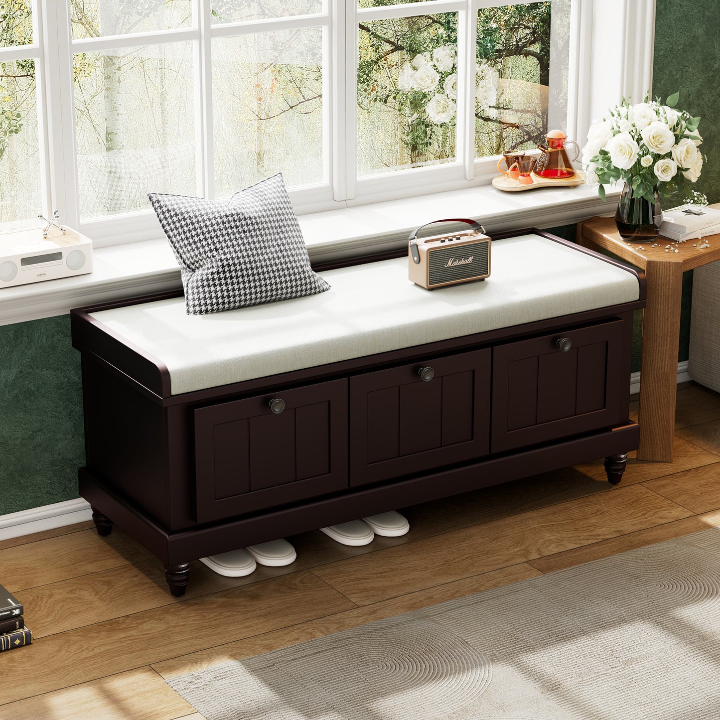 TREXM Classic Shoe Bench With Cushion And Three Drawers  Fluted Entryway Bench With Storage For Living Room  Entryway  And Hallways  Espresso  OLD