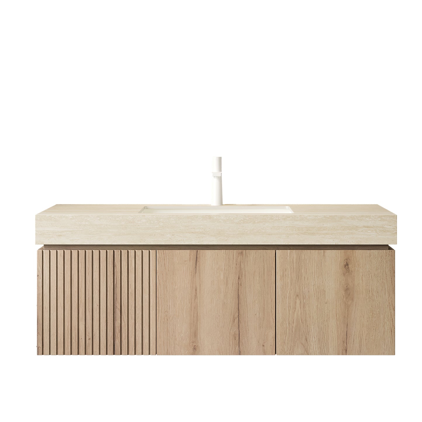 MURI 48 Bathroom Vanity&Sink, Floating Plywood Storage Cabinet With Drawer&Doors, Roma Travertine Sintered Stone Top&Ceramic Basin With 1 Pre-drilled Faucet Hole, Pre-assembled, White Oak Woodgrain