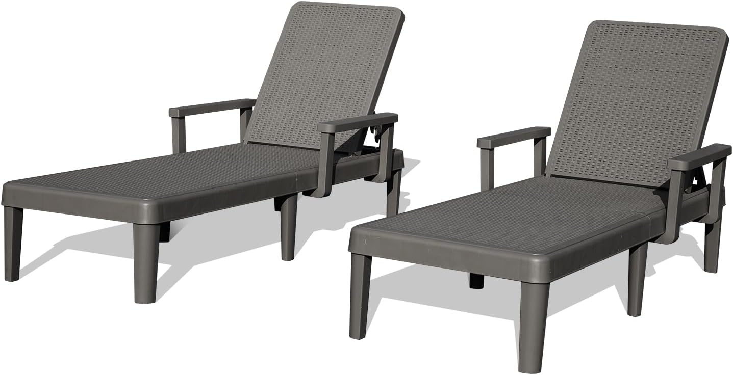 Pool Lounge Chairs Set Of 2, Outdoor Lounge Chairs With 6 Positions Backrest Adjustable Armrest, Resin Waterproof Chaise Lounge Outdoor For Poolside Patio Garden Deck