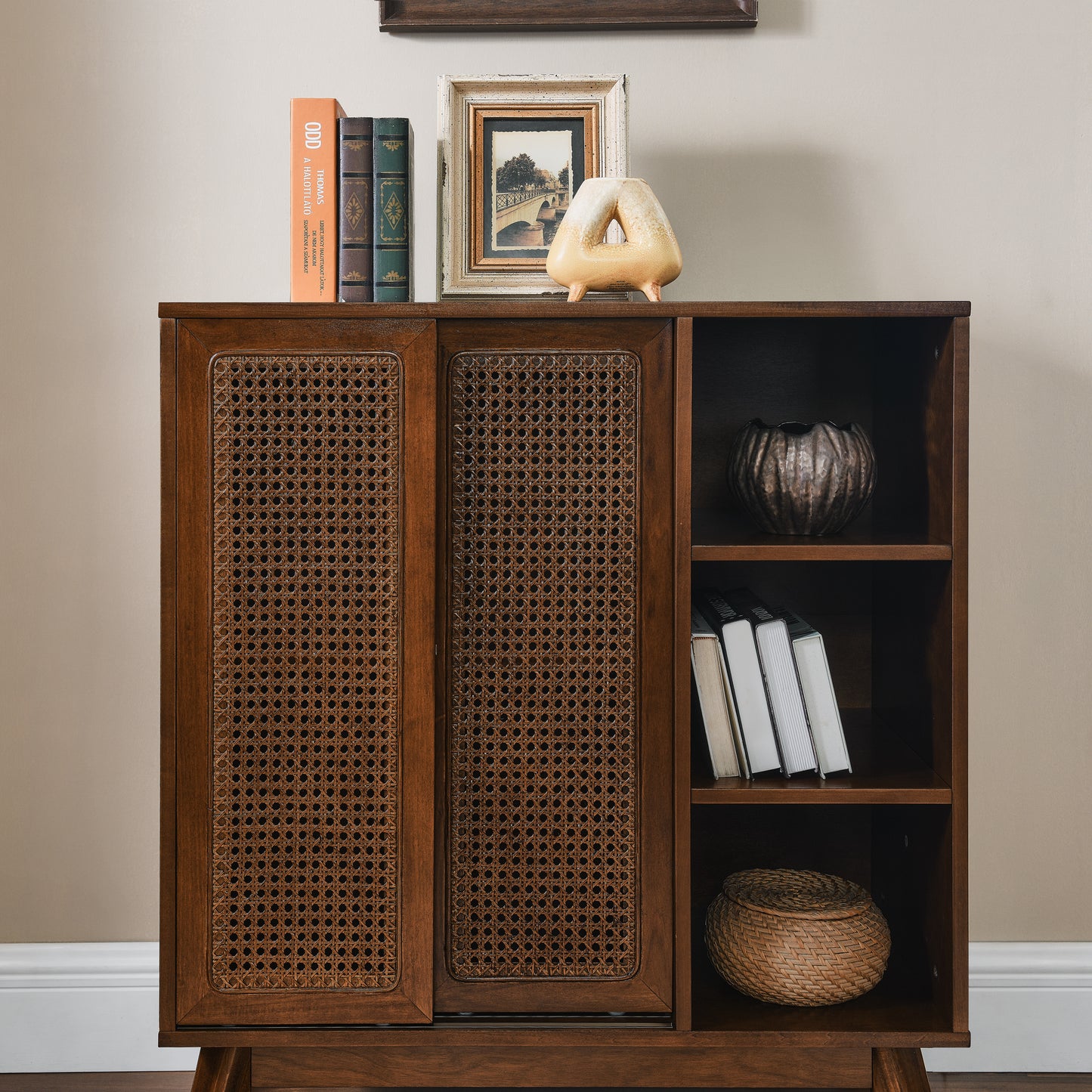 Mid Century Modern Rattan Sideboard Cabinet, Buffet Cabinet For Entryway Hallway Living Room Kitchen Dining Room, Adjustable Shelf & Solid Wood Feet & Rattan Cabinet Doors - Dark Wood