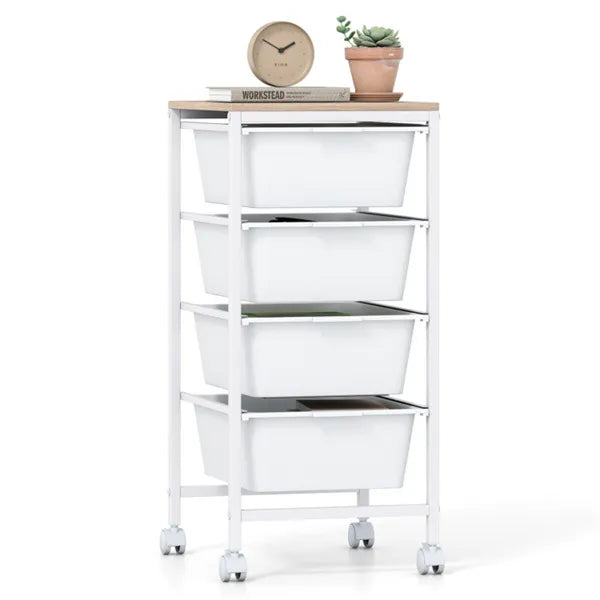 4-Drawer Rolling Storage Cart, Mobile Utility Organizer With MDF Wooden Top (Natural)