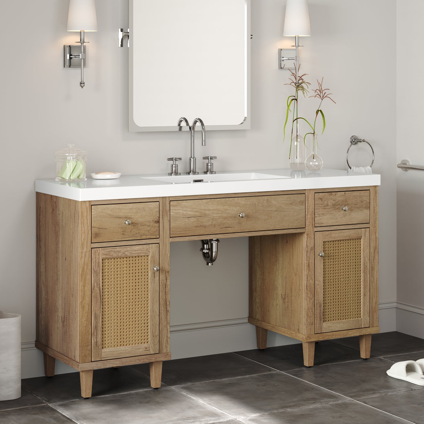 60 Inch Bathroom Vanity With SMC Sink, Modern Spacious Bathroom Storage Cabinet With Soft Close Drawers And Tip-Out Tray, Solid Wood Legs And Silver Metal Knobs, Wheelchair-friendly Style,Wood Color