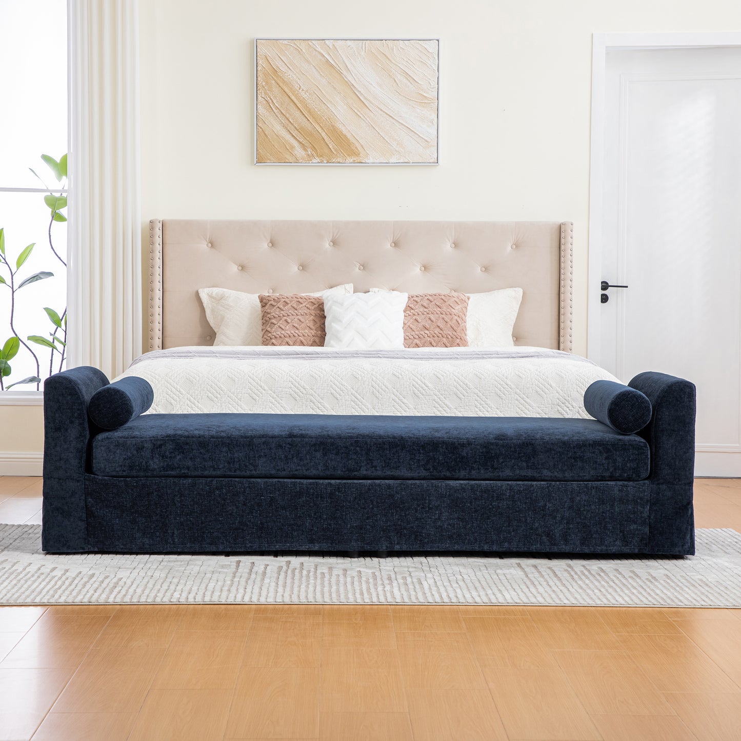 88.58  Wide Modern Bench, Bed End Bench With Armrests,Chenille Chaise Lounge Couch With 2 Bolster Pillows, Suitable For Living Rooms, Entryways, Dormitories, And Bedrooms.Navy