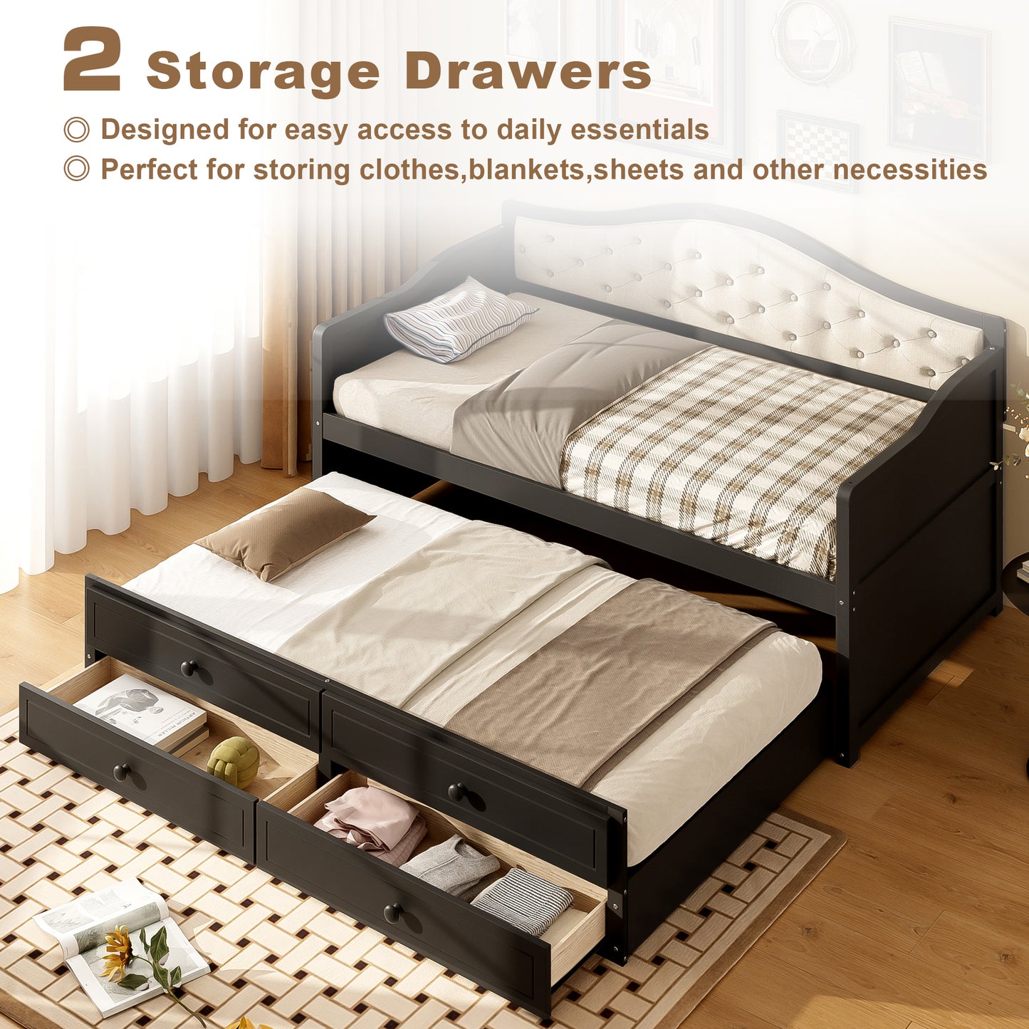 Twin Daybed With Trundle, Twin Size Daybed With 2 Storage Drawers, Wooden Sofa Bed With Upholstered Button Tufted Backrest For Living Room, Bedroom, Guest Room,Black