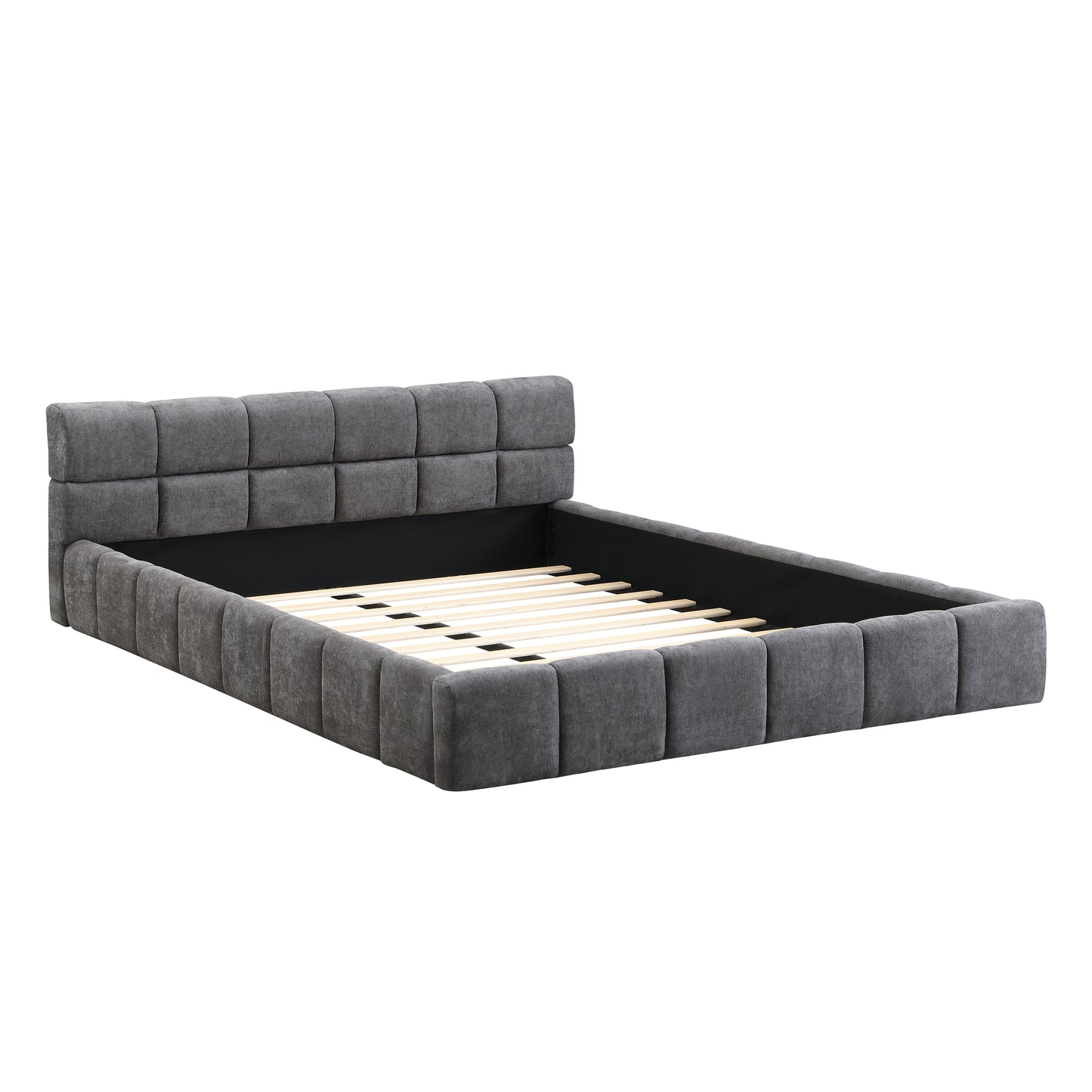 Elegant Chenille Upholstered Bed With Checkerboard Design, Queen, Grey