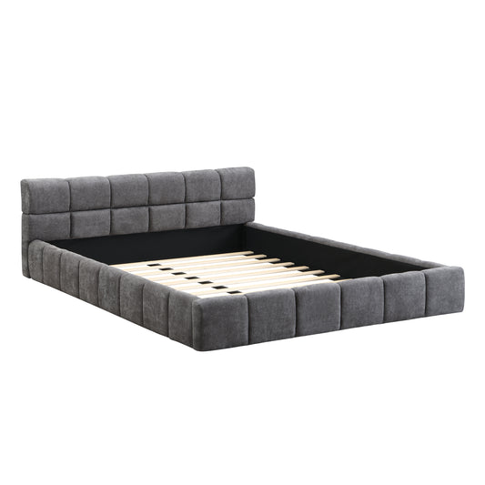 Elegant Chenille Upholstered Bed With Checkerboard Design, Queen, Grey
