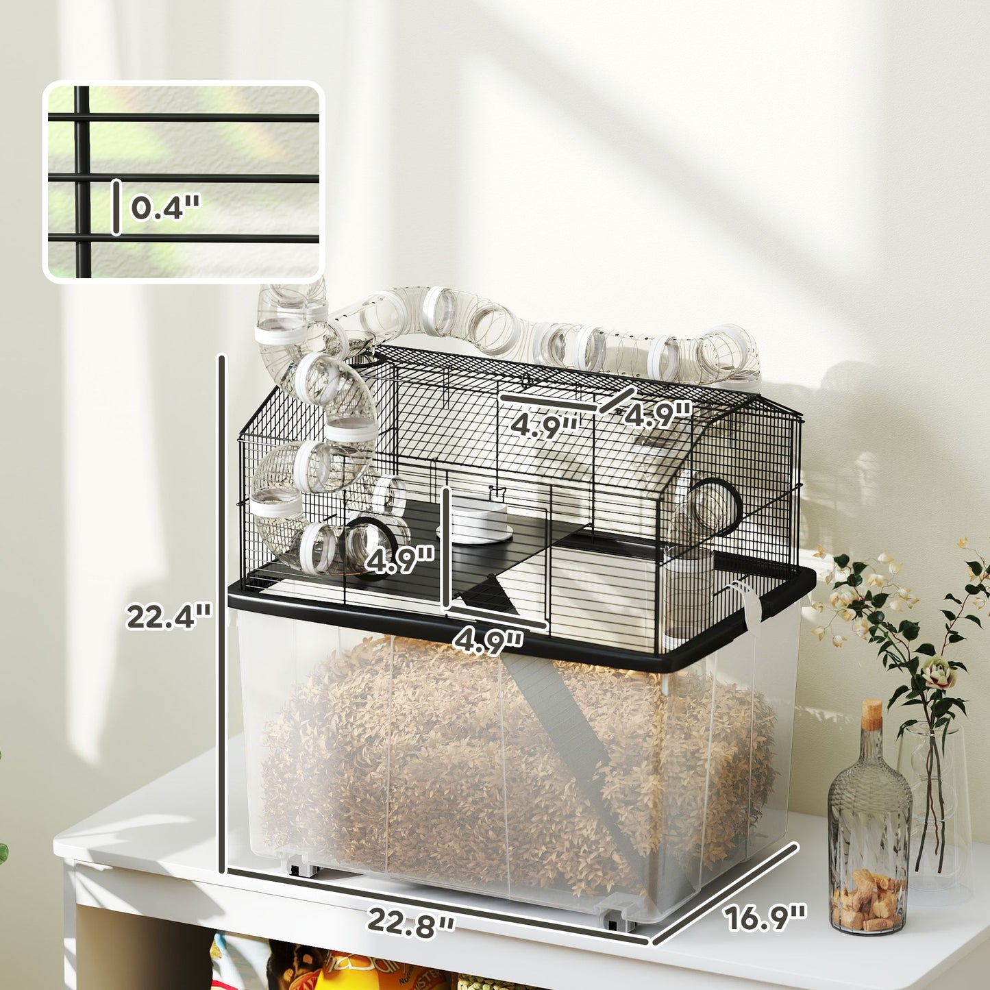 2 Tier Hamster Cage With 12" Deep Tray, Tube System, Water Bottle, Ramp, Feeding Bowl, 23" X 17" X 22", Black