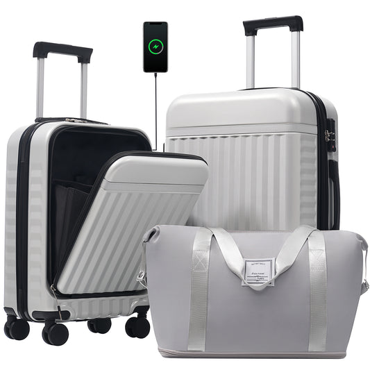 Front Opening Luggage Set 3 Piece, Hardside Carry On Suitcase With USB Port, Expandable Luggage With Handle Bag Spinner Wheels TSA Lock