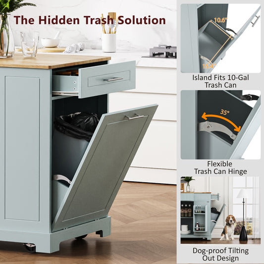 K&K Fluted Kitchen Island With Trash Can Storage Cabinet, Power Outlet, Internal Storage Rack, Rolling Kitchen Islands On 5 Wheels With 3 Drawer, 3 Open Side Racks For 10 Gallon Garbage Bin,Grey Blue