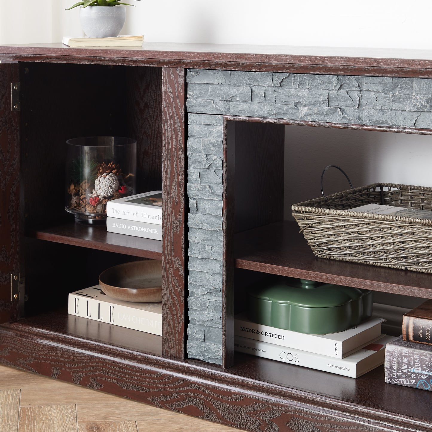 70  Modern TV Stand With 2-Door Storage, Faux Stone Media Console Cabinet, Cherry Large Entertainment Center For Living Room