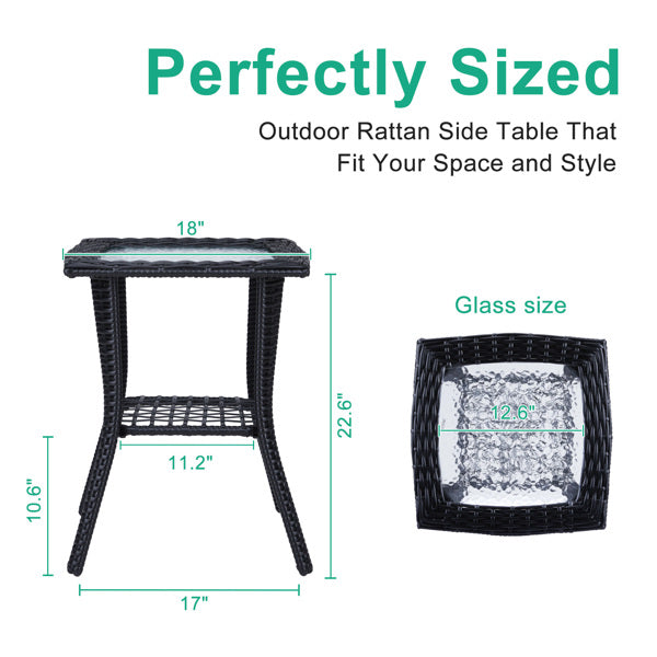 Patterned Glass Surface, Black Rattan, Woven Rattan Edge Side Table, N001