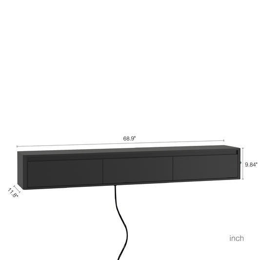 Floating TV Stand, Wall Mounted TV Shelf With Led Lights & Power Outlet,High Gloss TV Cabinet For Black Tv Stands For Living Room
