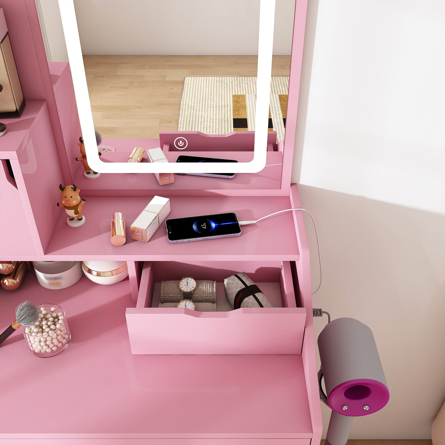 3-Color LED Vanity Mirror With Stool  Pink Dressing Table For Bedroom  2 Drawers & 5 Storage Cabinets  4 Open  1 Hidden   Adjustable Lighting  Pink