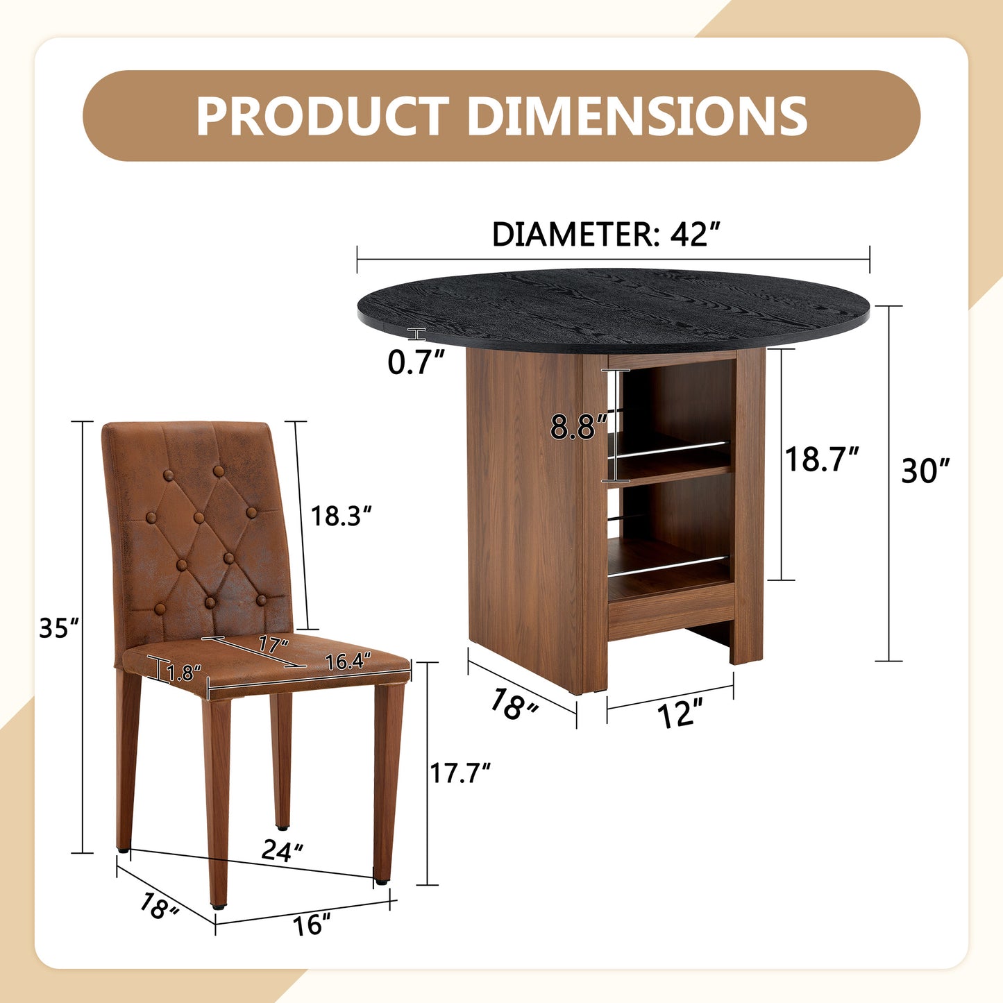 Table And Chair Set. 42 Inch Round MDF Black Dining Table With Double-layer Storage Shelves. Paired With 6 Brown Suede Fabric Chairs Features A Decorative Button-tufted Backrest,walnut Metal Legs.