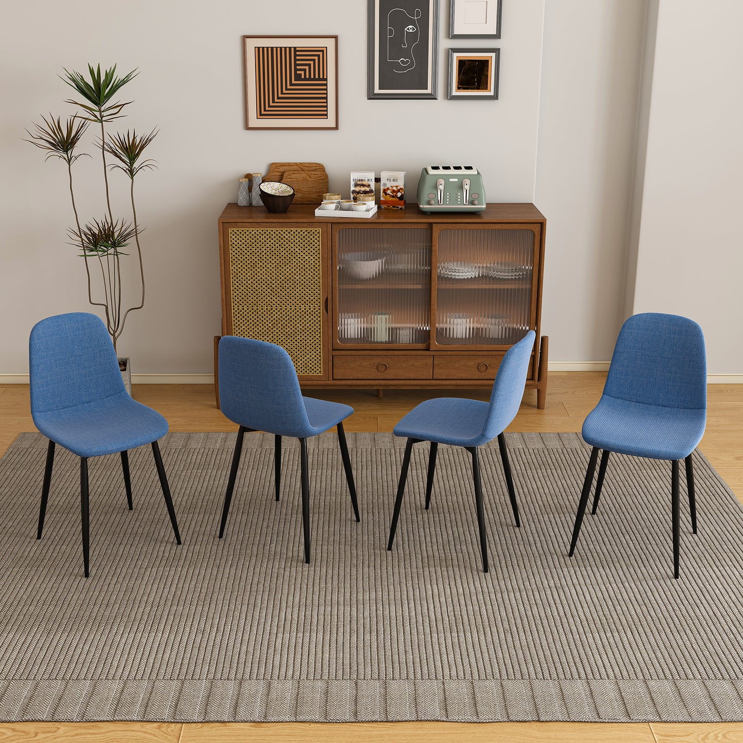 Modern Knit Fabric Dining Chairs With Iron Legs - Restaurant Seating, Comfortable Upholstered Armless Side Chair For Kitchen, Blue Set Of 4