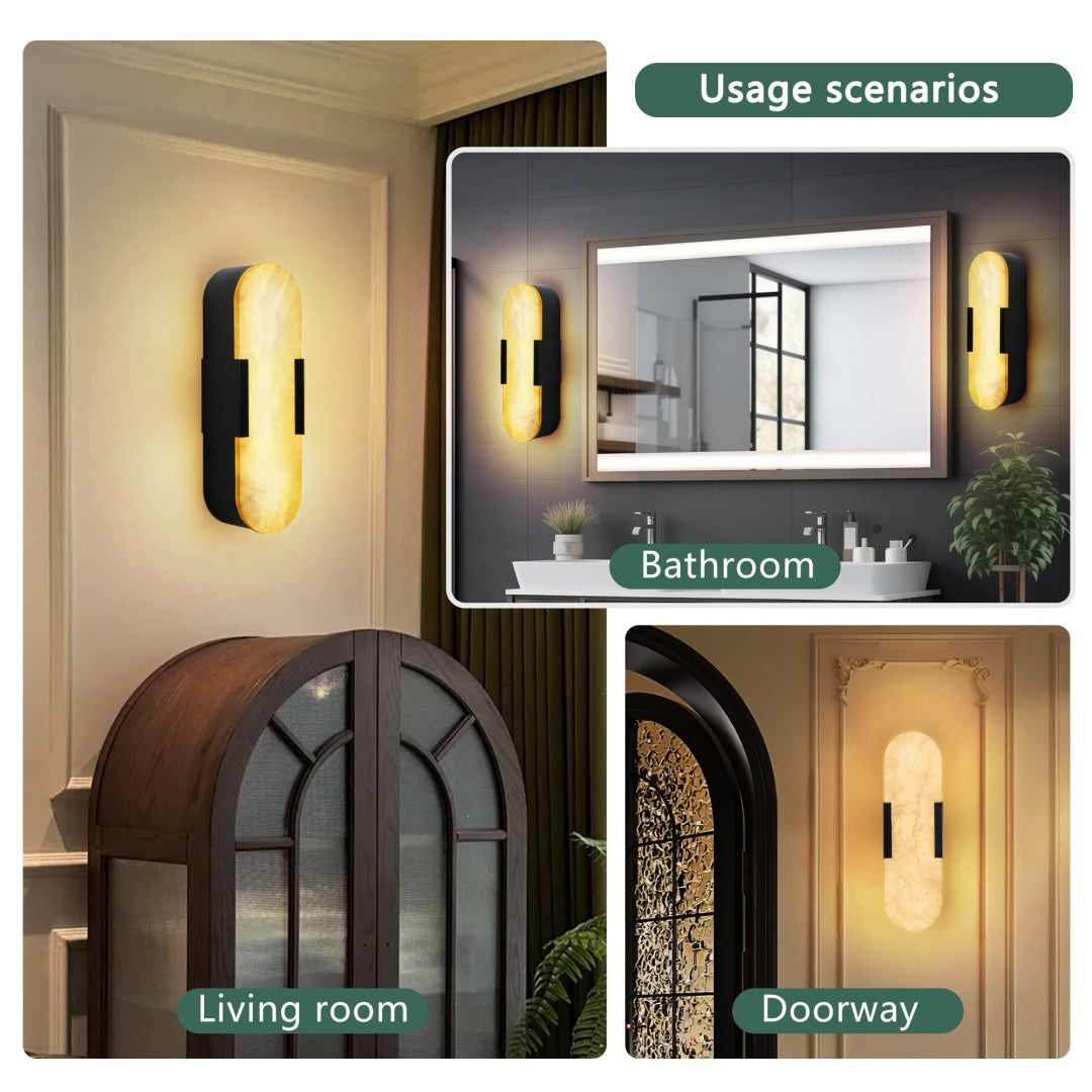 13.8in Natural Marble Wall Sconce, Black Sconces Set Of Two, Indoor Modern Bathroom Sconces Wall Lighting For Living Room, Bedroom, Hallway, Stairs
