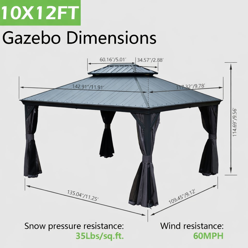 10 X12  Hardtop Gazebo With Resin Roof, Outdoor Metal Gazebo With Drainage Gutters, Permanent Heavy Duty Pavilion For Patio, Backyard And Deck, Curtains And Mosquito Netting Included