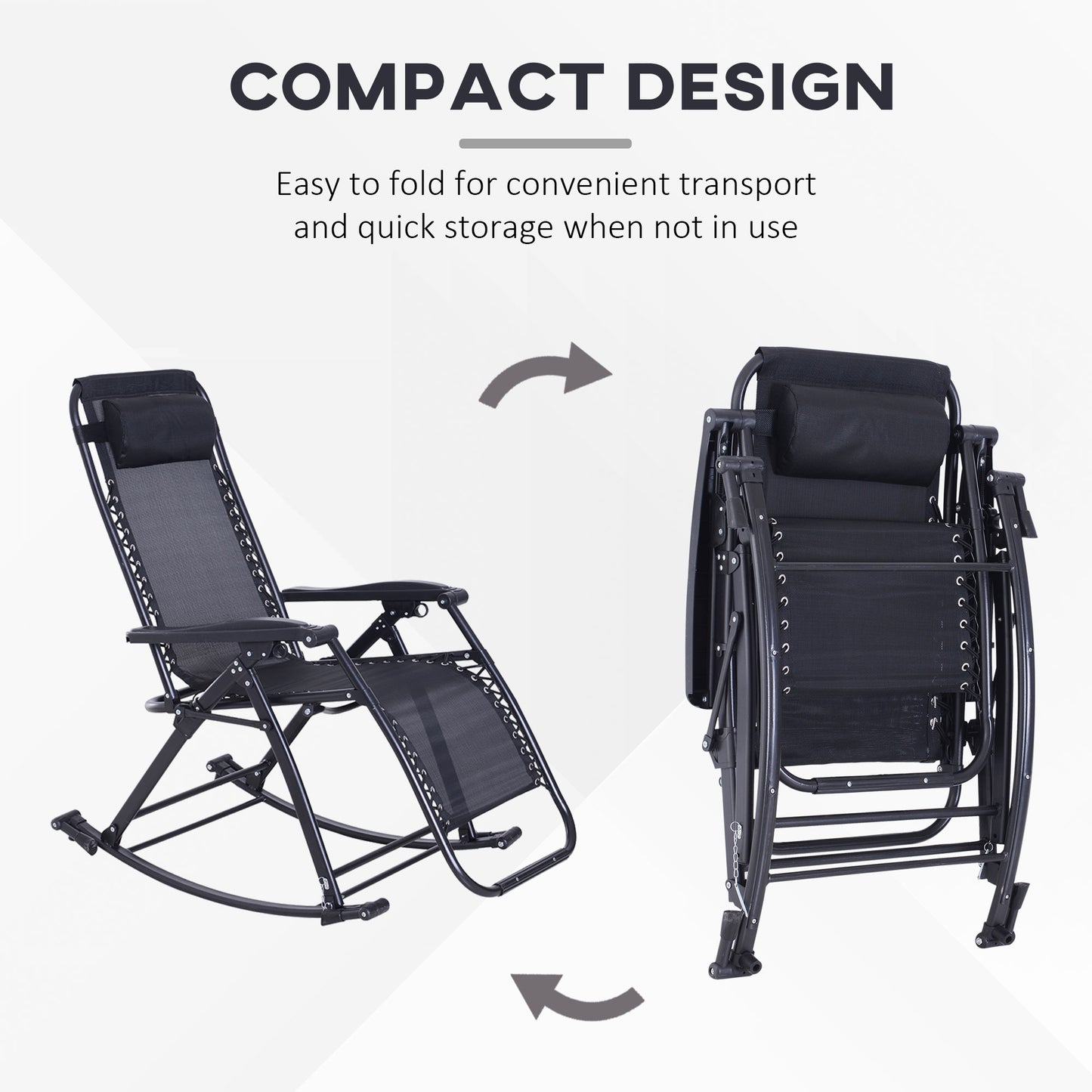 Outdoor Rocking Chairs, Foldable Reclining Zero Gravity Lounge Rocker With Pillow, Cup & Phone Holder, Combo Design With Folding Legs, Black