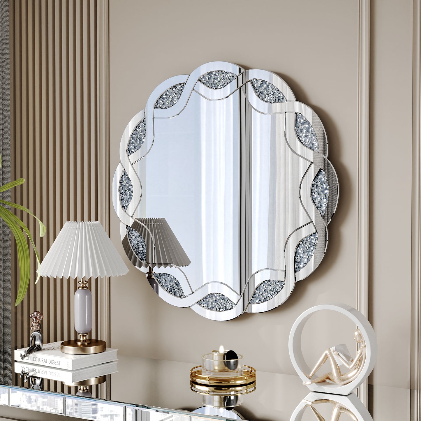 Silver Crush Diamond Round Wall Mirror, 31.5 Inch Wave Frame Decorative Mirror For Living Room, Bathroom, Bedroom, Hallway, Heavy Duty Frame With 2 Hangers