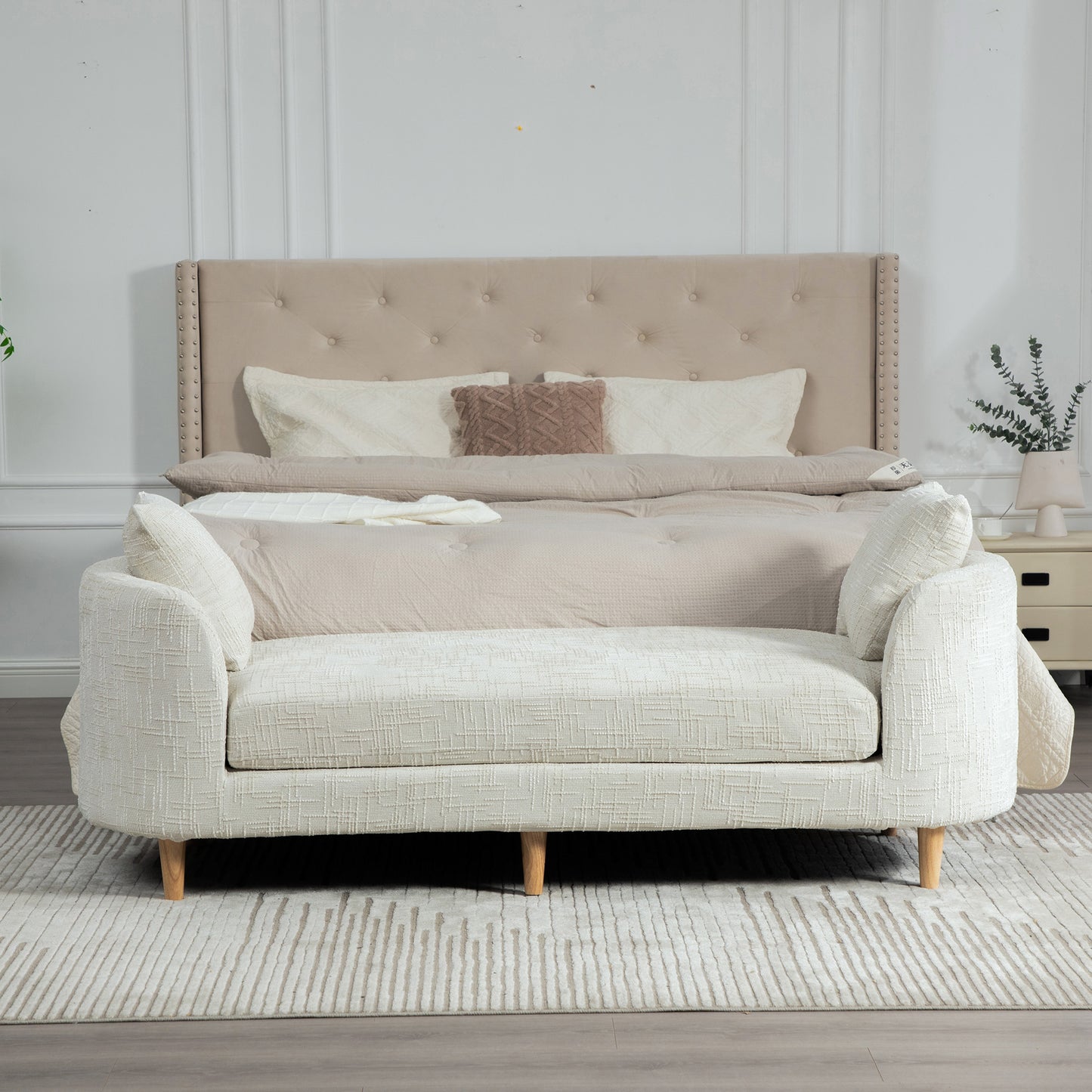 77.17 Wide Modern Upholstered End Of Bed Bench With Armrests, Chenille Chaise Lounge Couch With 2 Bolster Pillows, Daybed With Rubberwood Legs For Living Room,Bedroom,Apartment,Guestroom,BEIGE