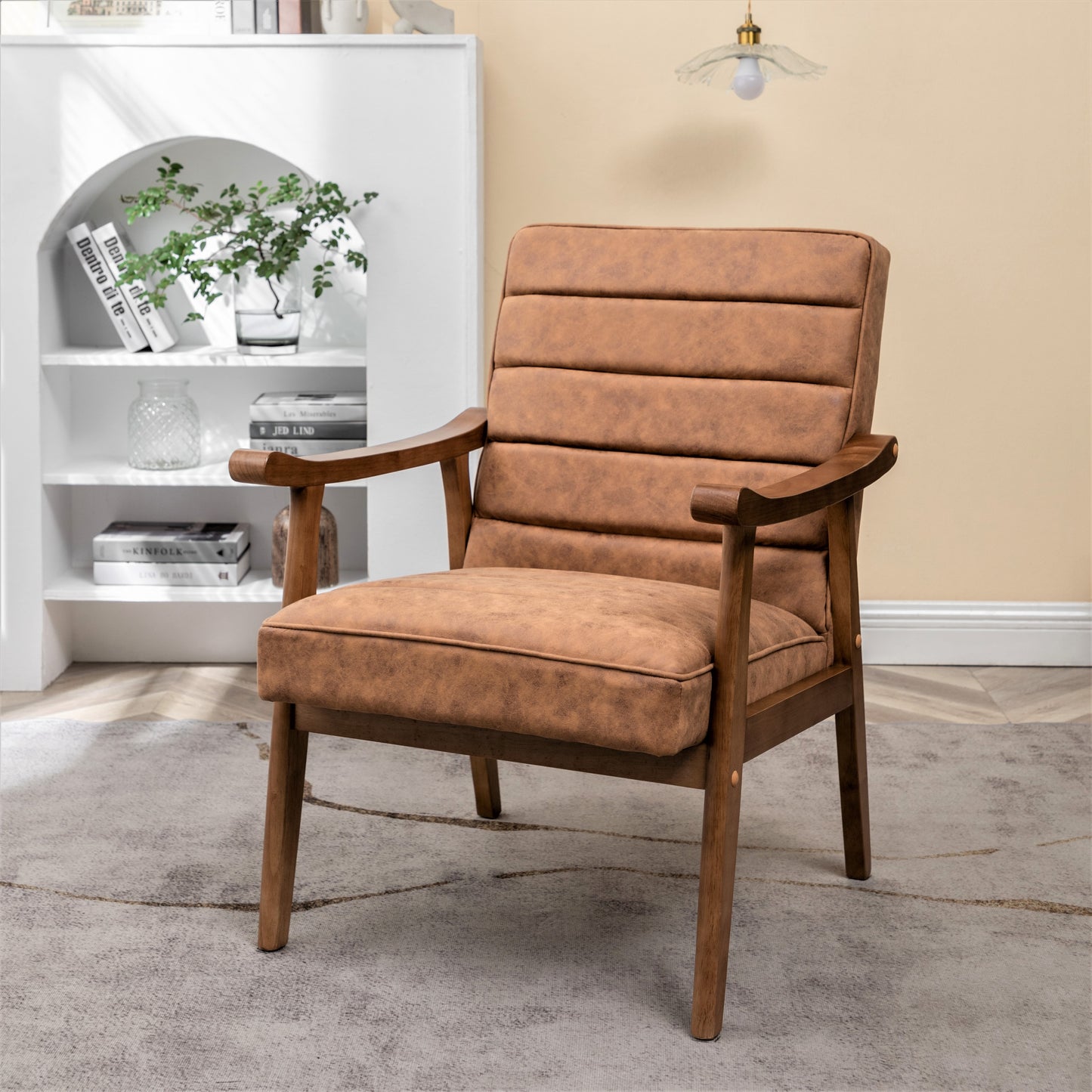 Mid-Century Modern Accent Chair, Solid Wood Frame Leather Look Microfiber Armchair With Open-Framed Arm Design, Plush Padded Seat And Back Cushion For Living Room Bedroom