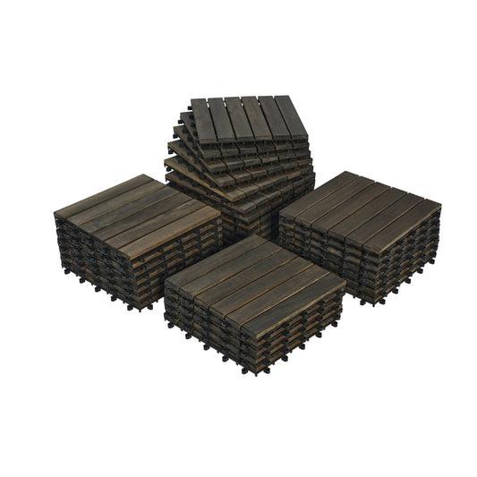 30 PCS Interlocking Deck Tiles Striped Pattern, 12inch X 12inch Dark Brown Square Acacia Hardwood Outdoor Flooring For Patio, Bancony, Pool Side