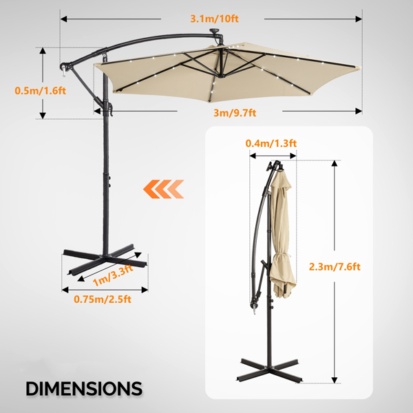 10FT Round Banana Hanging Patio Umbrella With 18 LED Lights, 6 Iron Ribs, Iron Straight & Curved Pole, Waterproof Polyester Canopy, With Stand Sleeve And Cross Base, Khaki