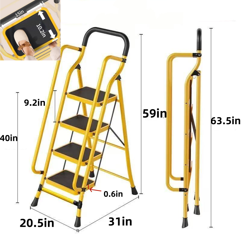4 Step Ladder With Handrails, Folding Step Stool With Anti-Slip Wide Pedals