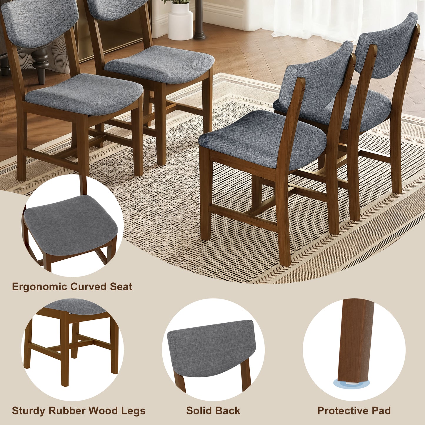 4-Piece Rustic Farmhouse Dining Chair - Solid Wood Frame With Gray Fabric Cushion, Upholstered Accent Chair For Kitchen, Dining Room, Living Room, Walnut