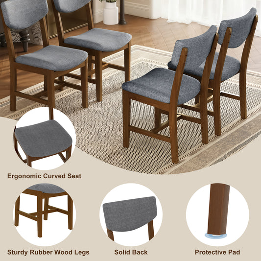 4-Piece Rustic Farmhouse Dining Chair - Solid Wood Frame With Gray Fabric Cushion, Upholstered Accent Chair For Kitchen, Dining Room, Living Room, Walnut